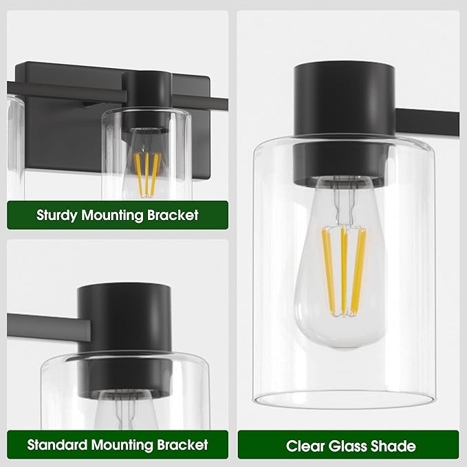 5-Light Modern Vanity Light Fixtures Over Mirror, Matte Black Bathroom Light Fixtures, Vanity Lights, Wall Sconce with Clear Glass Shade for Bathroom, E26 Base