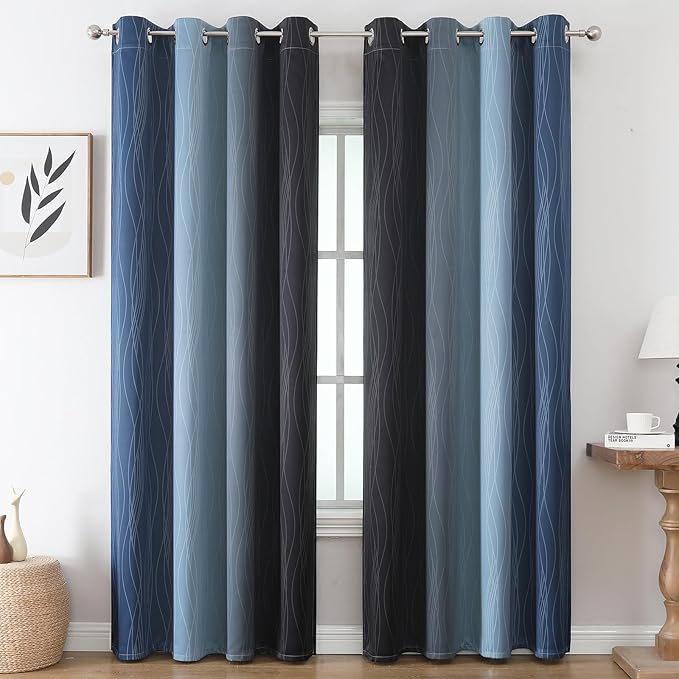 Estelar Textiler Blackout Curtains 102 Inches Long 2 Panels for Living Room, Navy Blue and Black Thermal Insulated Full Light Blocking Ombre Grommet Drapes for Bedroom, 52Wx102L