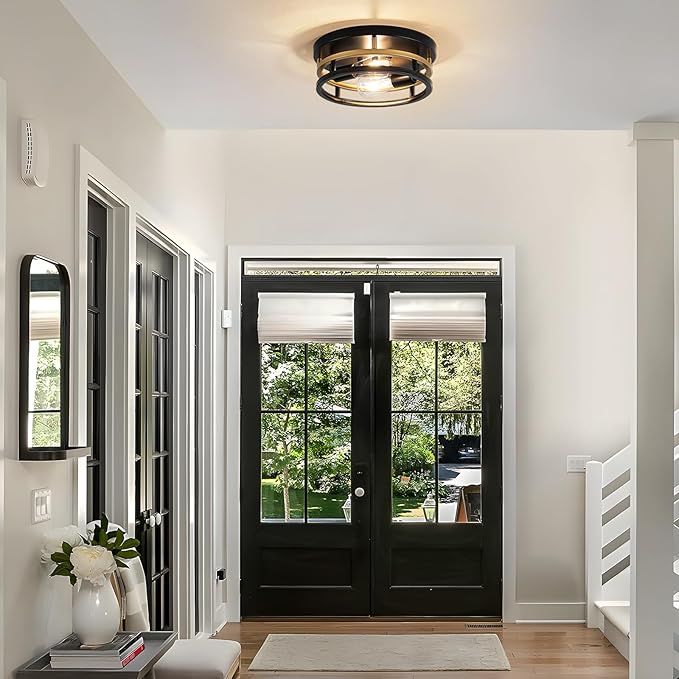 2 Light Industrial Ceiling Light Black Gold Semi Flush Mount Lights Close to Ceiling Light Fixtures,cage design Farmhouse Ceiling Lighting for Kitchen Bedroom Bathroom Foyer Hallway (E26, 1Pack)