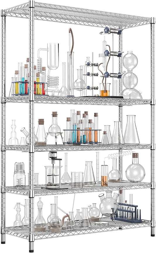 IZEUK 4250 LBS Garage Shelving Wide Storage Shelves 5 Tier Metal Shelves Heavy Duty Adjustable Utility Shelf Rack Chrome 17.7" D x 59.1" W x 70.4" H