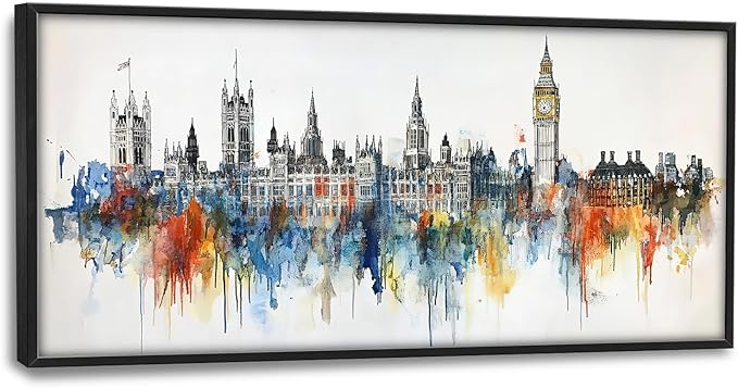 Flintis Large London Framed Wall Art Big Ben Pictures Wall Decor Abstract City Landscape Watercolor Canvas Painting Print Artworks Decor Framed for Living Room Bathroom Master Bedroom 60L X 30W