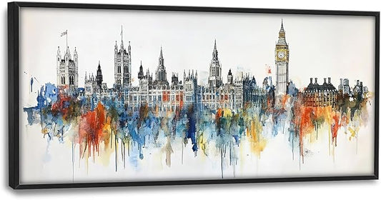 Flintis Large London Framed Wall Art Big Ben Pictures Wall Decor Abstract City Landscape Watercolor Canvas Painting Print Artworks Decor Framed for Living Room Bathroom Master Bedroom 60L X 30W