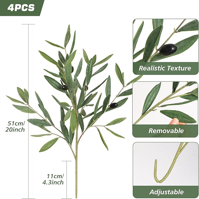Faux Plants Olive Leaves Stems Artificial Plants Olive Tree Branches for Small Vase Tabletop Greenery Decor for Home Decor Office Wedding Party 19.6” （4pcs）