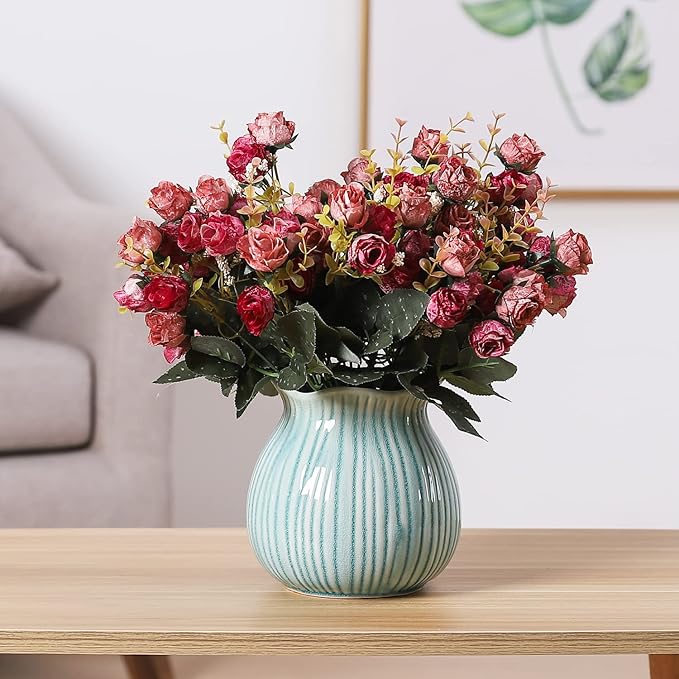 Duovlo 7 Branch 21 Mini Rose Heads Artificial Flowers Bouquet Wedding Home Office Decor,Pack of 4 (Rose Red)