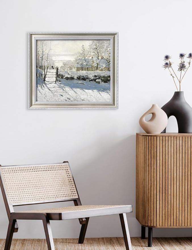 DECORARTS - Claude Monet The Magpie Giclee Print with Silver Solid Wood Frame, Impressionist Large Framed Wall Art, Ready to Hang, Framed Size28.75x24.75, Made in USA