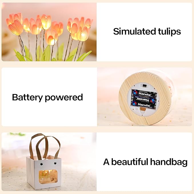 ONXE Birthday Flower Gifts for Mom,Tulips Night Light Small Glass Flower Lamp with Wooden Base for Home Decor Romantic Unique Christmas Gift for Women Girlfriend Sister Grandma Wife Her