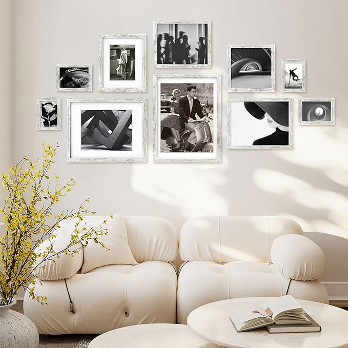 Egofine 5x7 Picture Frames Set of 4, Made of Solid Wood Covered by Plexiglass 3.5x5 and 4x6 with Mat or 5x7 without Mat, for Table Top Display and Wall Mounting Photo Frame Driftwood White