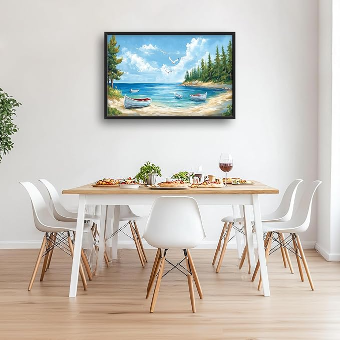 Framed Large Wall Art for Living Room, Beach Boat Canvas Wall Decor, Large Coast Sailboat Picture Framed Painting, Modern Artwork for Bedroom Office 36L'' × 24W''