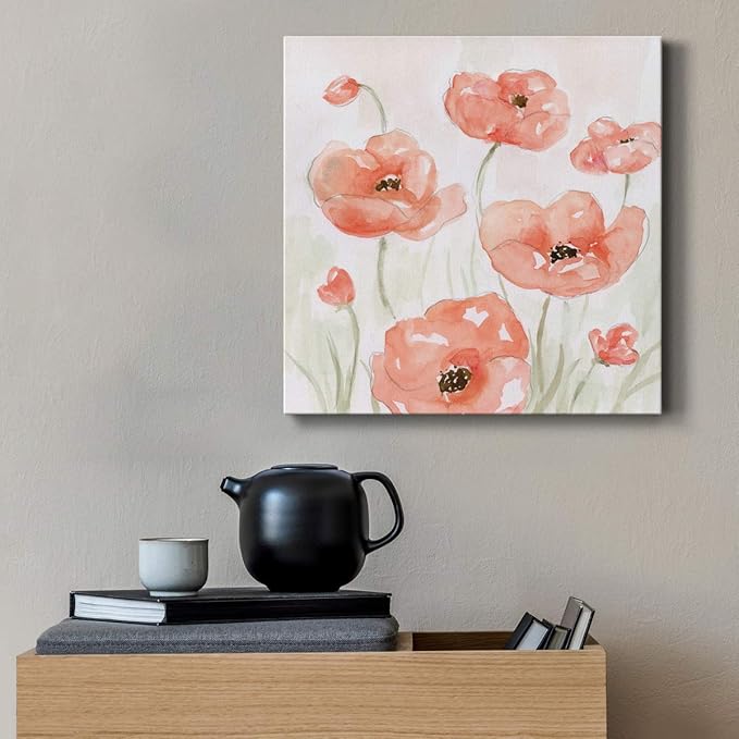 Wexford Home Square Premium Gallery Wrapped Canvas Flower Multicolor Wall Art Abstract Floral Romance Modern Pictures Print for Home Office, Ready to Hang, Spring Poppies II, 16x16
