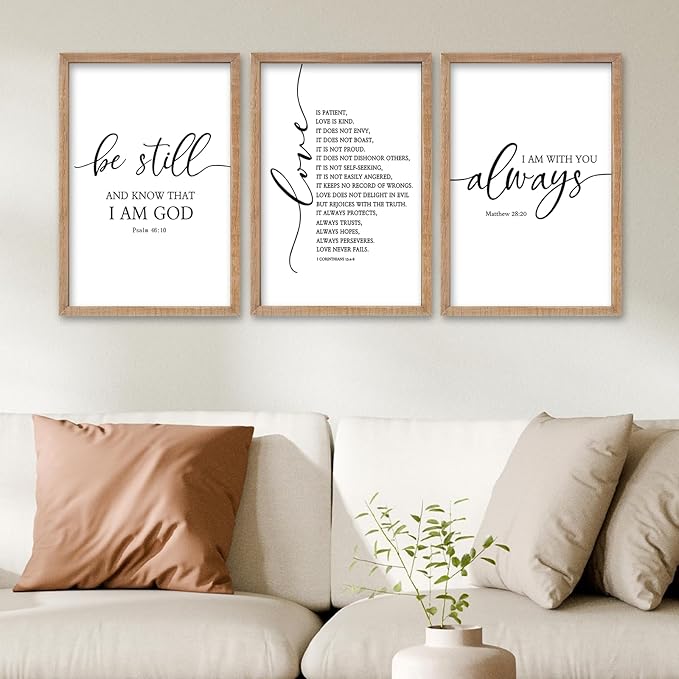 SRSZHIYUE Bible Verses Wall Decor Be Still Love Is Patient I Am With You Always 16"×11" Set of 3 Wooden Framed Scripture Living Room Wall Hanging Art (Wood)