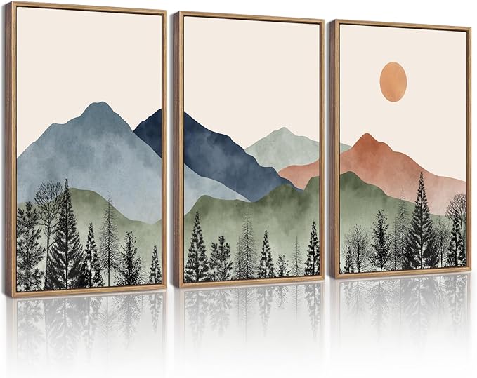 KUVIOKE Mountain Landscape Framed Wall Decor Boho Sun Rise Watercolor Nature Art Prints Farmhouse Rustic Bedroom Dining Living Room Decor 12x16in (Natural Framed)
