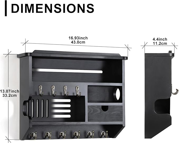 Key Holder for Wall, Mail Organizer Wall Mount with Storage Drawer and 10 Hooks, Easy Installation Key Holder Wall Mount for Home Decor, Black