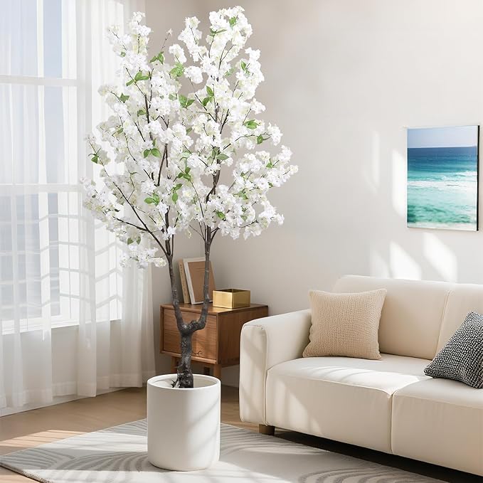 Artificial White Cherry Blossom Tree 6ft(72in) Faux Floor Green Plant for Indoor Decor Natural Potted Tree Realistic Cherry Flowers Wood Trunk for Home Living Room,Office Perfect Weeding Gift