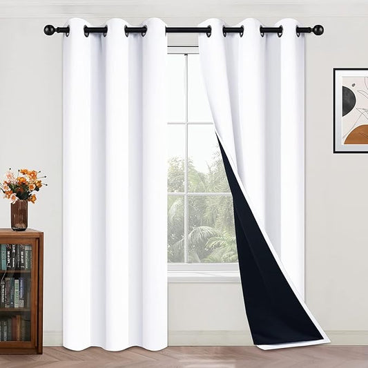 Yakamok Full Blackout Curtains 84 Inches Long,Blackout Curtain Panels for Bedroom, 2 Thick Layers Grommet Top Thermal Insulated Drapes with Black Liner for Living Room(42Wx84L, Pure White, 2 Panels)