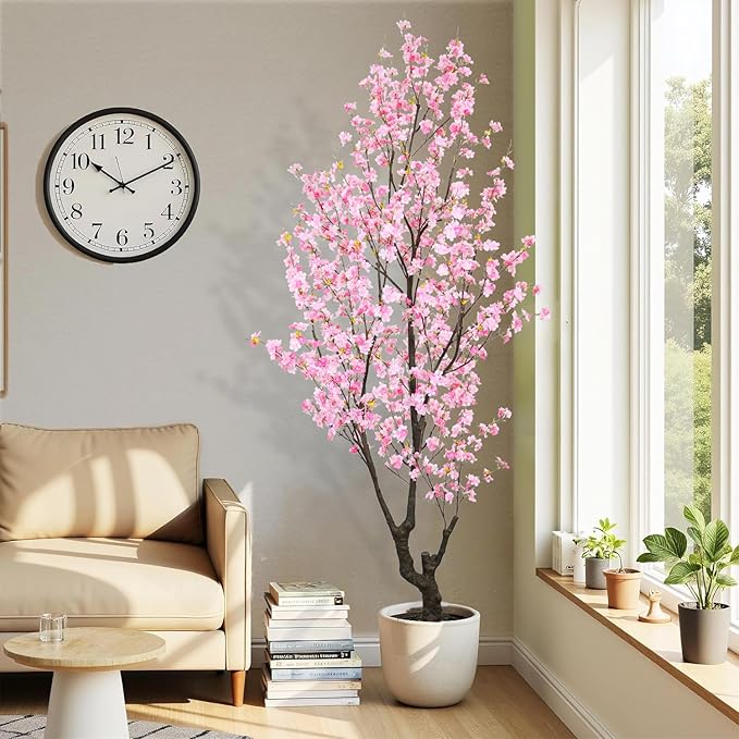 Faux Pink Cherry Blossom Tree 8ft(96in) Tall Artificial Plant Indoor Decor Handmade Natural Sakura Tree for Wedding Realistic Cherry Plant in Pot for Home Living Room,Office,Outdoor Decor.