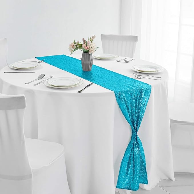 2 Packs 12 x 108 inches Turquoise Sequin Table Runner, Glitter Turquoise Blue Table Runner for Wedding Birthday Bachelorette Holiday Party Supplies Decorations Bridal Shower Baby Shower
