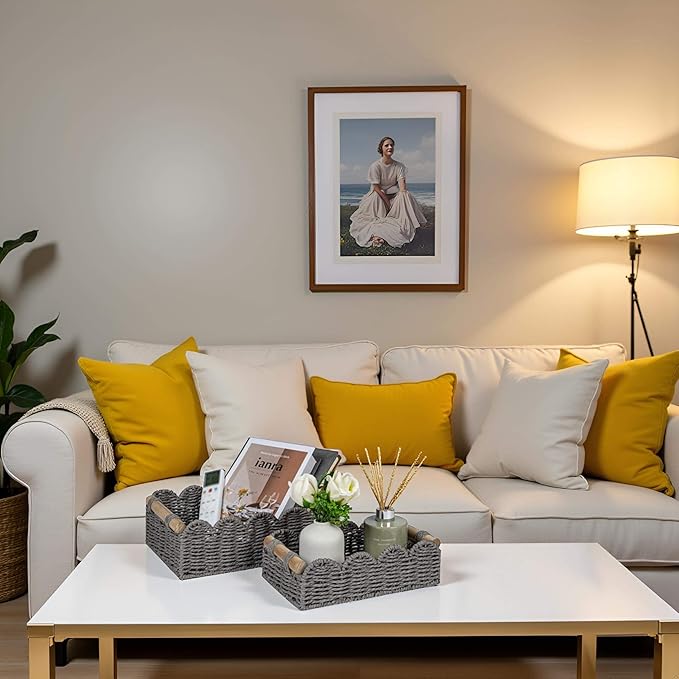 CubesLand Scalloped Edge Decor Baskets for Home, Living Room, Toilet Paper Storage Basket for Over Toilet Tank Top, Storage Shelf, Cute Small Paper Rope Baskets Both Storage&Decor, Set 2 Grey