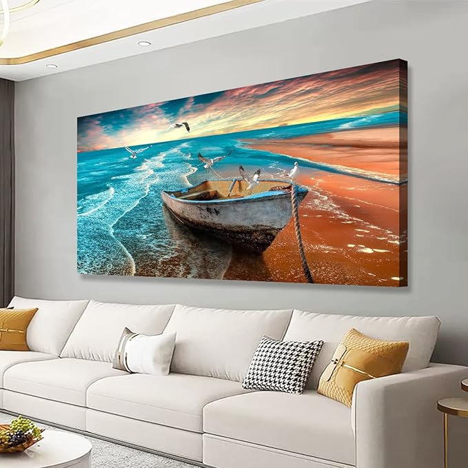 Beach Sunset Pictures Canvas Wall Art For Living Room Bedroom Wall Decor,Seascape Wall Art Print Paitnings For Home Decor,Morden Artwork Boat Canvas Art Waterproof Ready To Hang-24x48 Inches