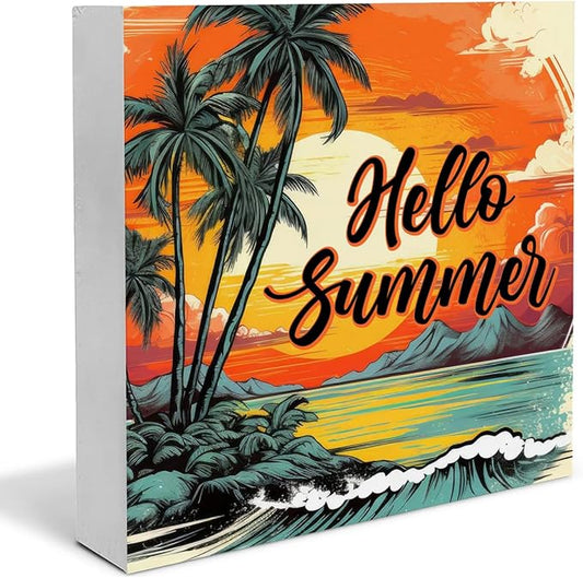 Hello Summer Decor Beach Wood Block Sign Sun Coconut Palm Decorations for Home Desk Table Shelf 5 x 5 Inches
