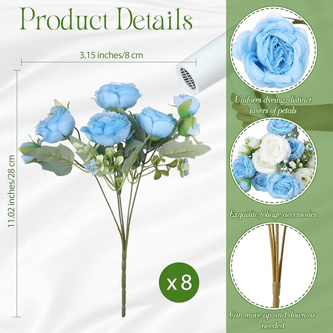 Geosar 8 Bundles Artificial Peonies Flowers Fake Silk Peony Bouquet Faux Peonies Flowers Bulk for Decoration Vase Florals Arrangements Wedding Party Table (Blue,White)