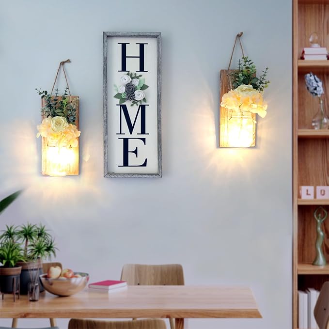 Besuerte Wall Sconces Set of 2 with Remote, Farmhouse Wood Wall Art Decor for Home Living Room Bedroom Decorations with Rose Bouquet Flowers and LED Fairy Lights (Large Brown)