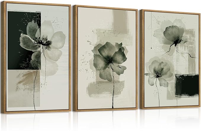 ANHUIB Black Neutral Floral Wall Art 16x24 Inch Abstract Flower Wall Decor Waterolor Painting Set of 3 for Living Room Bedroom Bathroom