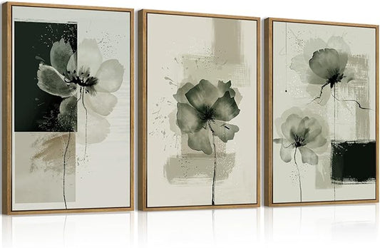 ANHUIB Black Neutral Floral Wall Art 16x24 Inch Abstract Flower Wall Decor Waterolor Painting Set of 3 for Living Room Bedroom Bathroom