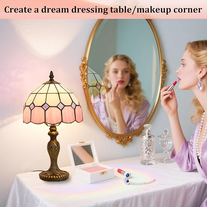 Tiffany-Style 8 Inch Table Lamp Mediterranean Series Stained Glass Lampshades Small Bedside Lamp Reading Antique Desk Light Livingroom Bedroom Office Vintage Art Deco Victorian(Color:Pink)