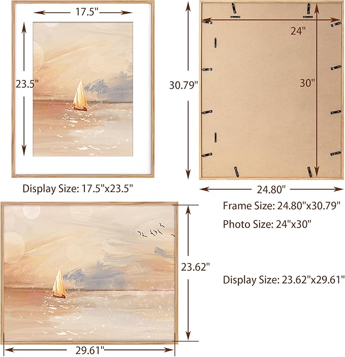 24x30 Oak Wood Picture Frame, 24"x30" Poster Frame for Wall, Rustic Wood Frame 24x30 with Real Glass, 24 x 30 Frame with Mat for 18 x 24, 24x30 Picture Frame for Wall (Beige Oak Color, 1 Pack)