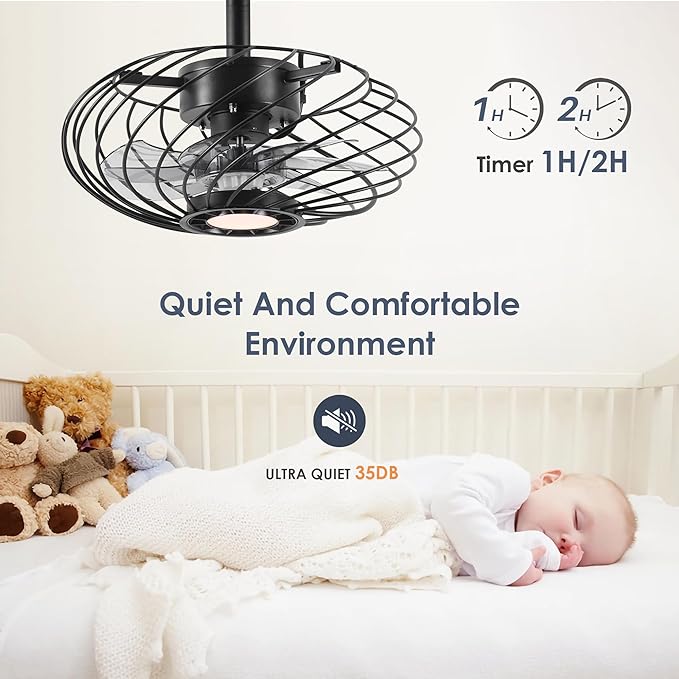 15" Outdoor Ceiling Fan with Light, Waterproof Gazebo Fan Remote Control, Dimmable LED Light, Hanging Black Caged Ceiling Fixtures with Plug in Cord for Patios Pergola