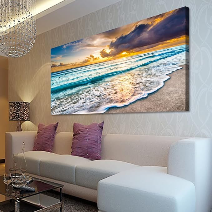 Beach Canvas Wall Art Seascape Theme Pictures Home Decor Blue Ocean White Wave Sunset Prints Paintings for Living Room Bathroom Bedroom Kitchen Office Decorations Natural Landscape Artwork 24x48inches