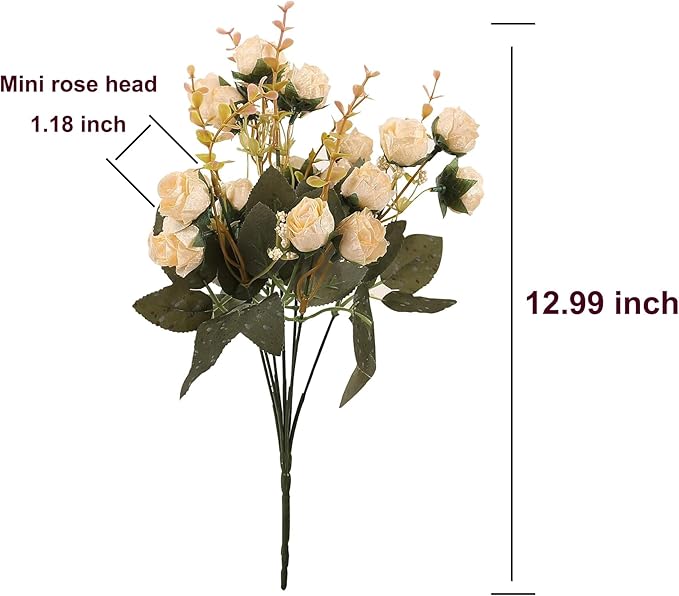Duovlo 7 Branch 21 Mini Rose Heads Artificial Flowers Bouquet Wedding Home Office Decor,Pack of 2 (2 PCS Champagne)