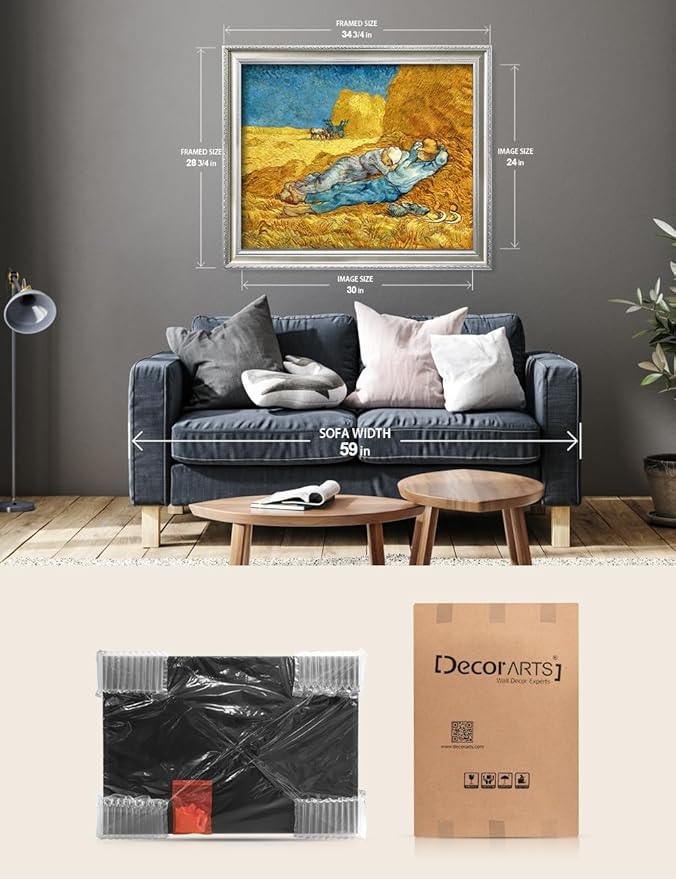 DECORARTS - Noon: Rest from Work by Vincent van Gogh, Museum-Quality Giclee Canvas Print with Silver Solid Wood Frame, 34.75 x 28.75 in, Ready to Hang, Made in USA