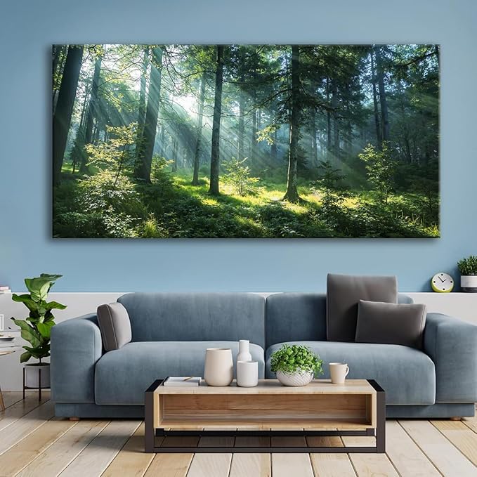 Huaaliunn Large Green Forest Wall Art for Living Room and Bedroom, Canvas Wall Art Framed Ready to Hang, Modern Landscape Nature Painting, Wall Decor for Home Office 50x100cm(20x40in)