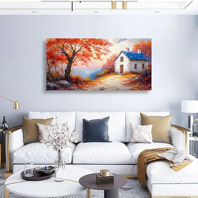 Autumn Scenery Canvas Wall Art Bedroom Wall Decor Living Room,Abstract Wall Art Office Paintings Artwork Modern Abstract Village House Red Tree Pictures Art Prints Ready to Hang-20x40inch