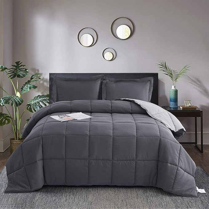 HIG 3pc Grey King Size Comforter Set - All Season Reversible Down Alternative Comforter with Two Shams - Quilted Duvet Insert with Corner Tabs - Box Stitched Blanket - Breathable, Soft