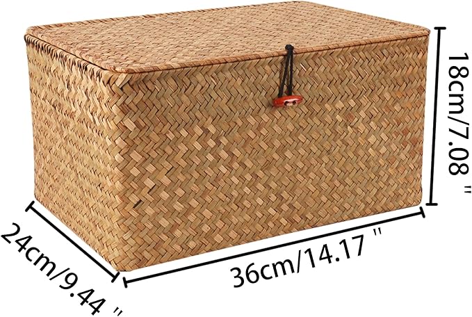 Wicker Shelf Baskets with Lid,Natural Seagrass Storage Basket Boxes Handwoven Rectangular Baskets Bins Multipurpose Home Organizer Decor (Large)