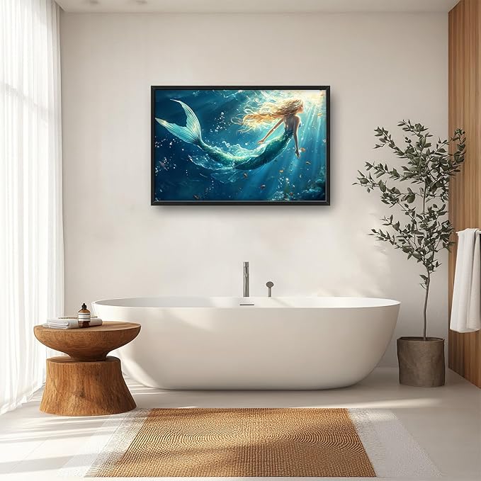 Framed Large Wall Art for Living Room, Beach Mermaid Canvas Wall Decor, Large Ocean Picture Framed Painting, Modern Artwork for Bedroom Office 36L'' × 24W''