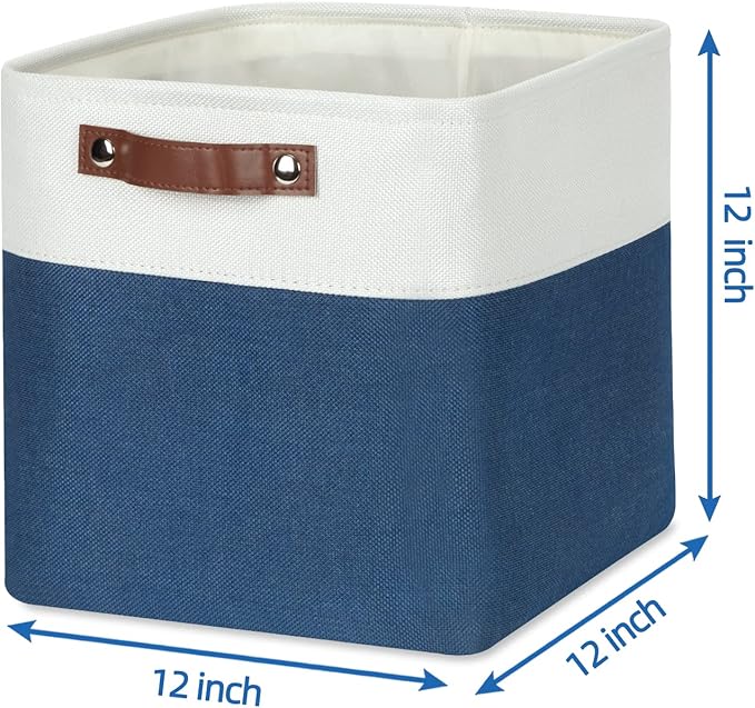 Temary Fabric Storage Cubes 4Pack Blue Fabric Storage Baskets 12 Inch Cube Storage Bins with Handles for Organizing Closet (White&Blue)