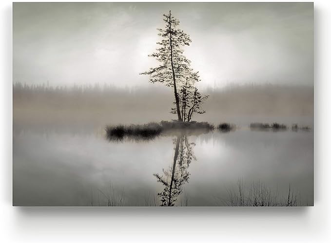 Renditions Gallery Canvas Wall Art for Home Decor Pine Tree Reflection in Misty Forest Lake Modern Nature for Bedroom Living Room Kitchen - 32"X48" LT08