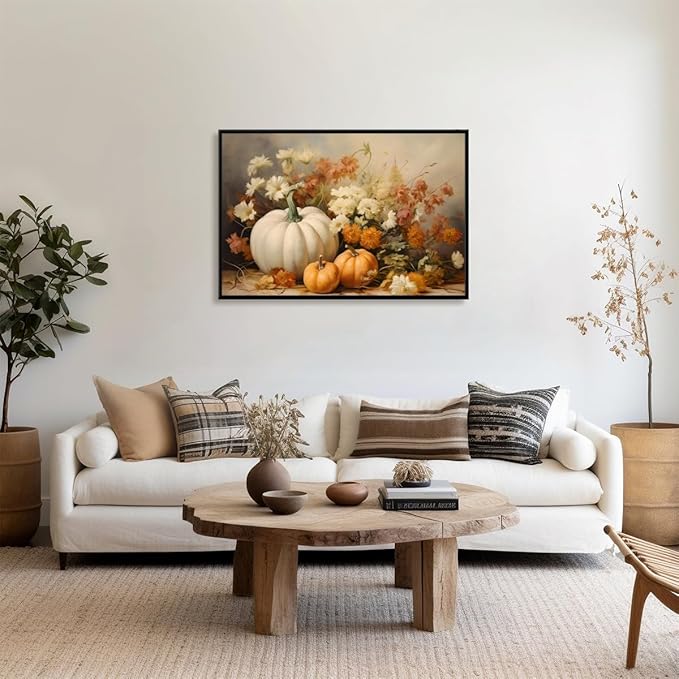 Fall Canvas Wall Art Rustic Pumpkin Posters Fall Pictures Print Dark Cottagecore Thanksgiving Wall Decor for Home Living Room 24x36inch black framed