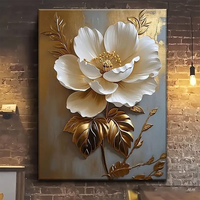 Flower Pictures Canvas Wall Art White Gold Flowers Elegant Wall Decor pictures 3D Retro Floral poster prints for Bedroom Bathroom Wall Decorations (16inx24in canvas)