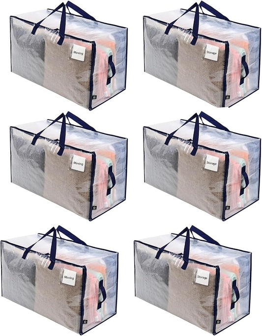 VENO 6 Pack Moving and Storage Bags, Heavy Duty, Alternative to Moving Boxes, Large Packing Totes Supplies for College Dorm Room with Zipper for Clothes, Wide Open Design (Clear, 6 Pack)