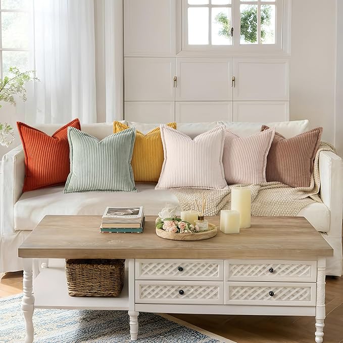 Mecatny Corduroy Throw Pillow Covers 18x18 Set of 2, Neutral Decorative Soft Boho Couch Pillow Covers with Broadside for Sofa Living Room, Khaki