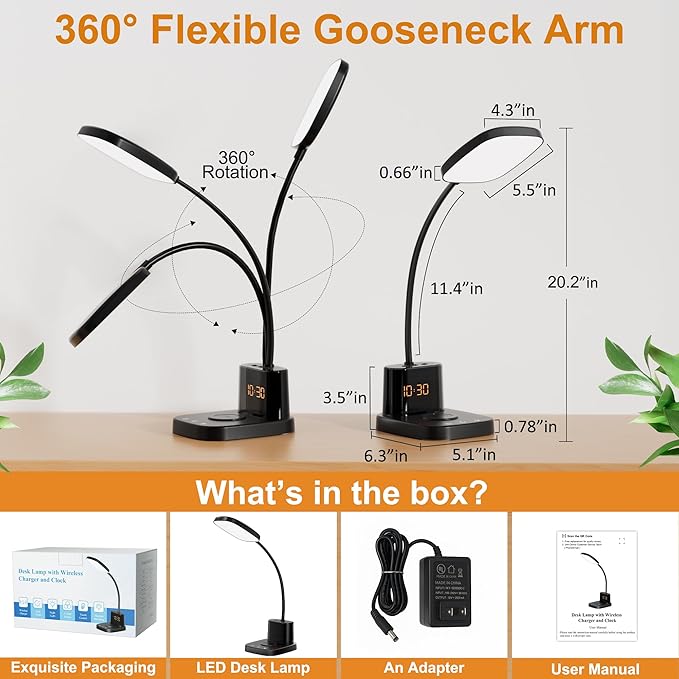 Sailstar Desk Lamp, Bedside Table Lamps with Wireless Charger and Clock, 30Mins Auto-Off Night Light Lamp, 3 Color Modes Dimmable Touch 800LM CRI 95, LED Desk Lamps for Home Office, Adapter Included