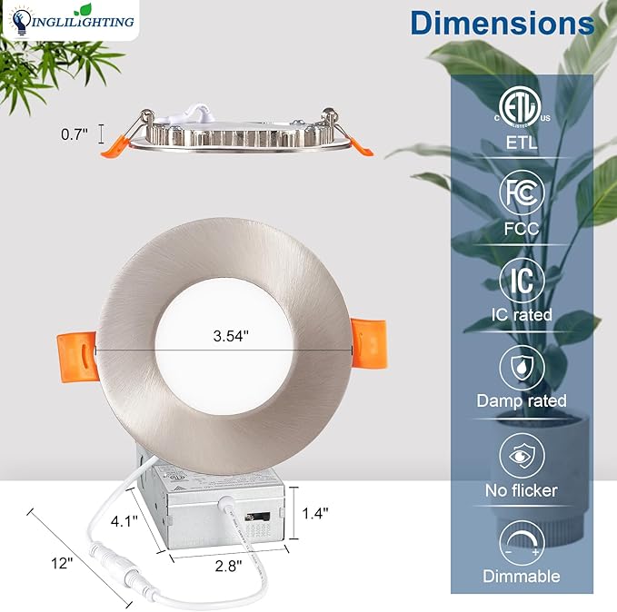 DLLT LED Recessed Ceiling Lights: 12 Pack 3 Inch 5CCT Ultra-Thin Lighting with Junction Box for Bedroom - 600LM Brightness 6W Eqv 50W Dimmable Canless Wafer Downlight with ETL&FCC-Nickel Brush
