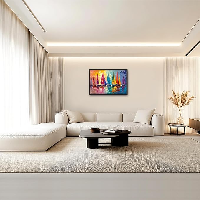 Large Coastal Sailboat Framed Wall Art for Living Room, Colorful Sailboats Canvas Wall Decor, Vintage Nautical Pictures Painting, Modern Landscape Artwork for Bedroom 36L'' × 24W''