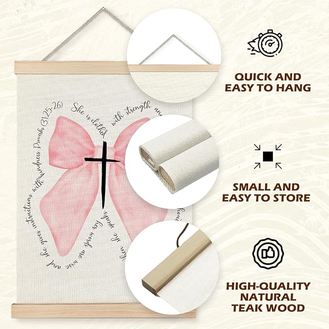 Supwhd Pink Bow Coquette Christian Wall Decor for Girls Room Dorm, Pink Christian Bible Verse Wall Art With Wooden Poster Hanger, 12x16