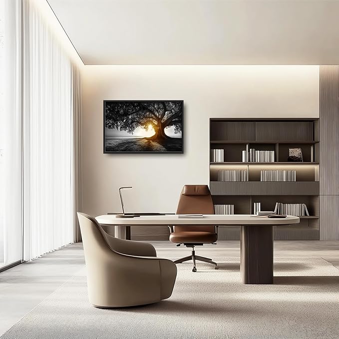 Olivine Tree Wall Art, Sunset Pictures Wall Decor, Black And White Painting, Nature Scenery Canvas Prints, Framed Artwork for Bathroom Bedroom Living Room Office Home Decoration 36"x24"