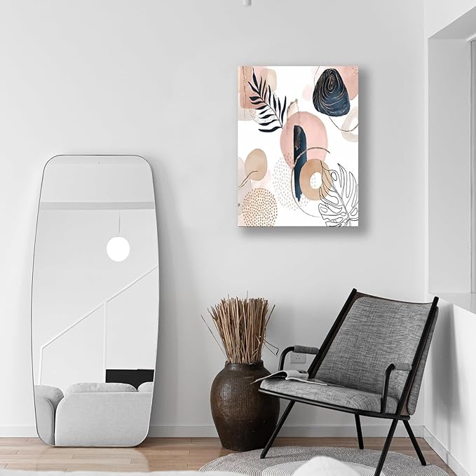 Boho Wall Art Prints, Boho Wall Decor, Abstract Pink and Navy Blue Botanical Design Minimalist Art, Natural Framed Canvas Prints Artwork For Living Room Bathroom Bedroom Wall Decor 12"x16"